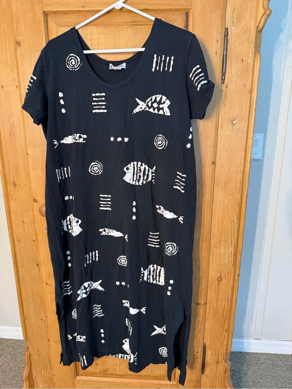 M Mac Black W/White Fish Print Beach Pool Cover Up Sz Large Summer